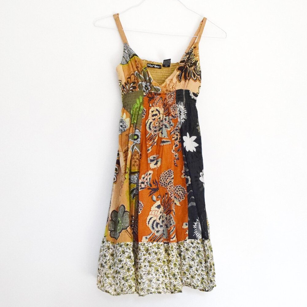 PLANET GOLD Vintage Bohemian Y2K Faux Wrap Patchwork Boho Sundress | Size M